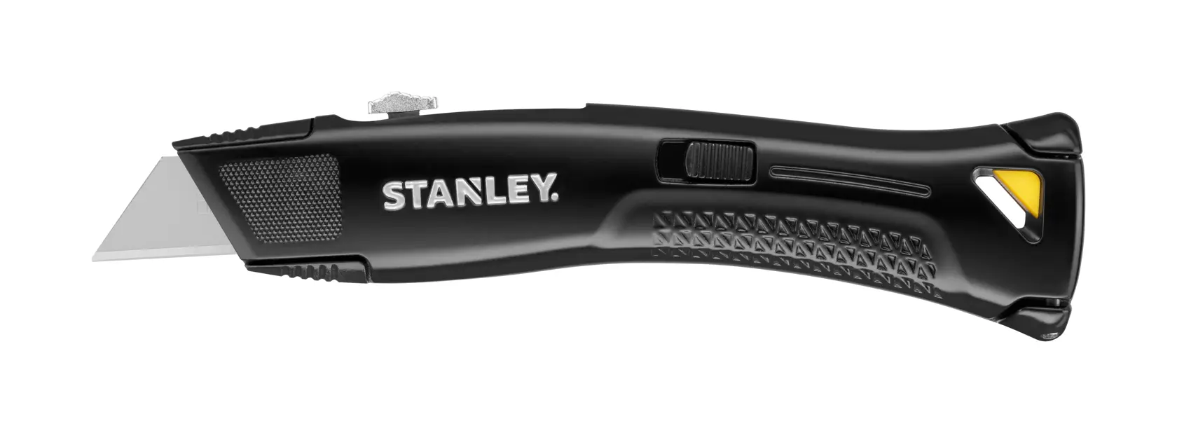 STANLEY FMHT10504-0 Universalmesser, schwarzer Griff, silberne Klinge, Seitenansicht links, auf weißem Hintergrund.