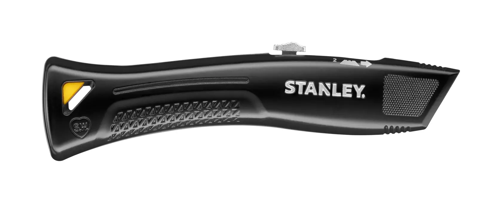 Stanley FMHT10504-0 schwarzes Universalmesser, Seitenansicht, mit Griffstruktur und gelbem Akzent, Foto auf weißem Hintergrund.