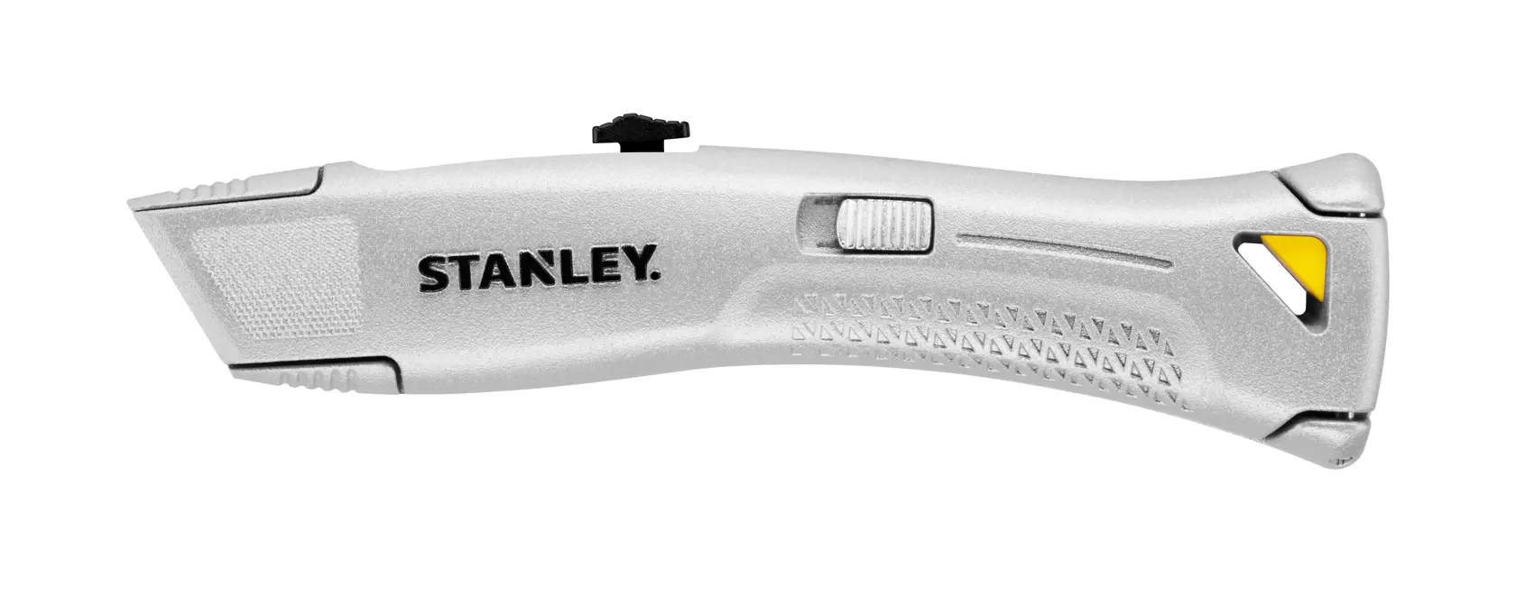 STANLEY FMHT10505 Universalmesser, silberfarben, Seitenansicht, strukturierter Griff mit gelbem Akzent.