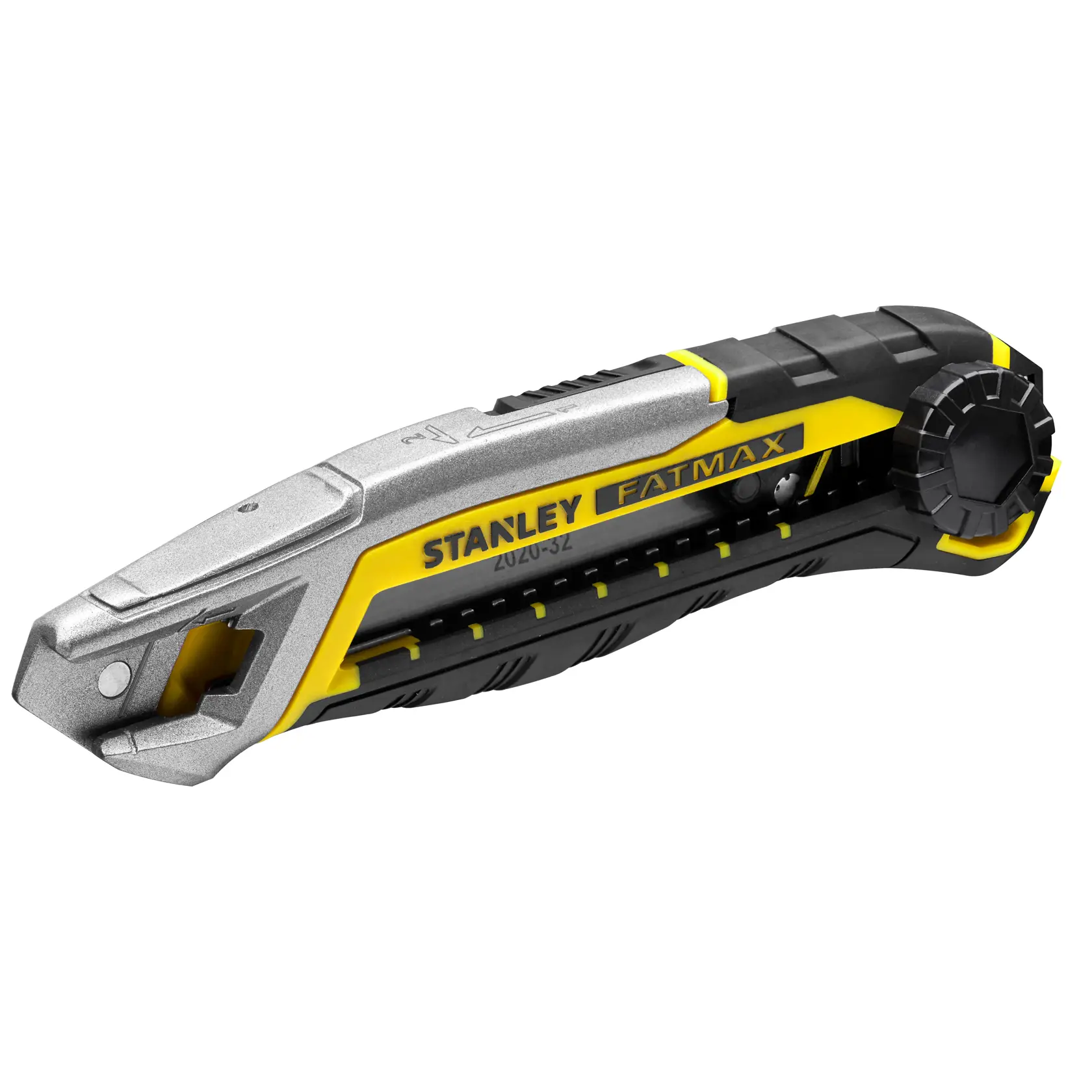 Stanley FATMAX utility knife, angled side view on white background, featuring yellow and black ergonomic handle.