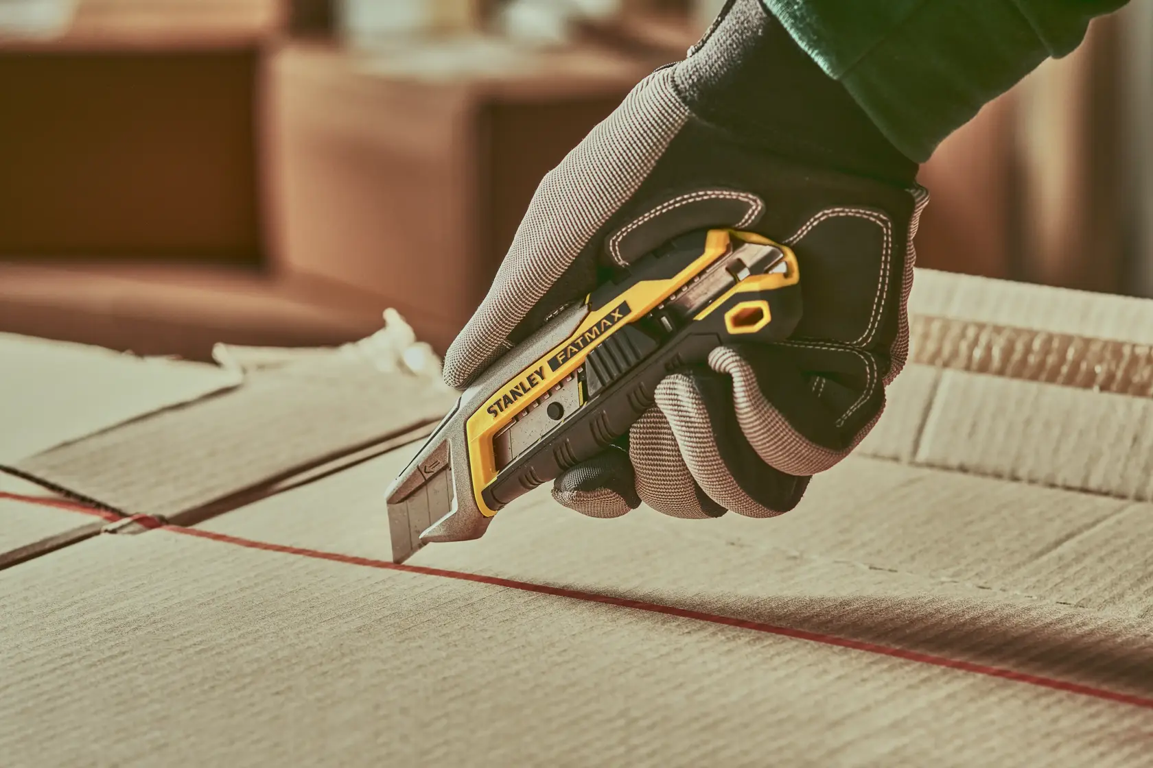 STANLEY FMHT10594-0 utility knife used to cut cardboard box, close-up view with gloved hand.