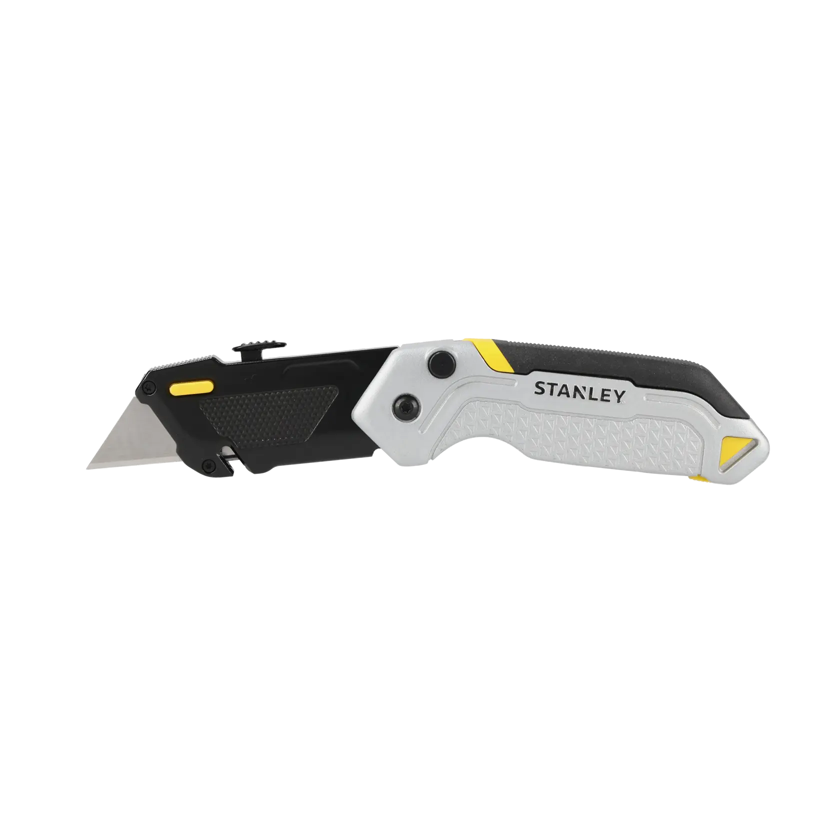 STANLEY FMHT10621-0 klappbares Universalmesser, Schwarz und Silber mit gelben Akzenten, Seitenansicht auf weißem Hintergrund.