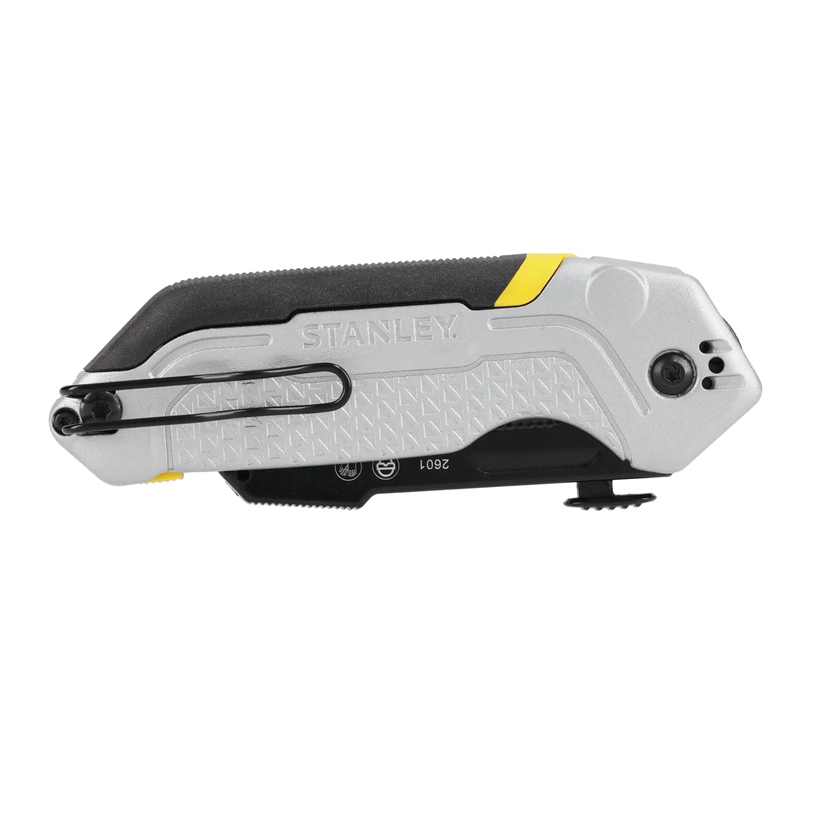 STANLEY FMHT10621-0 Klappbares Universalmesser, silber und schwarz, Seitenansicht, mit Taschenclip und strukturierter Griff.
