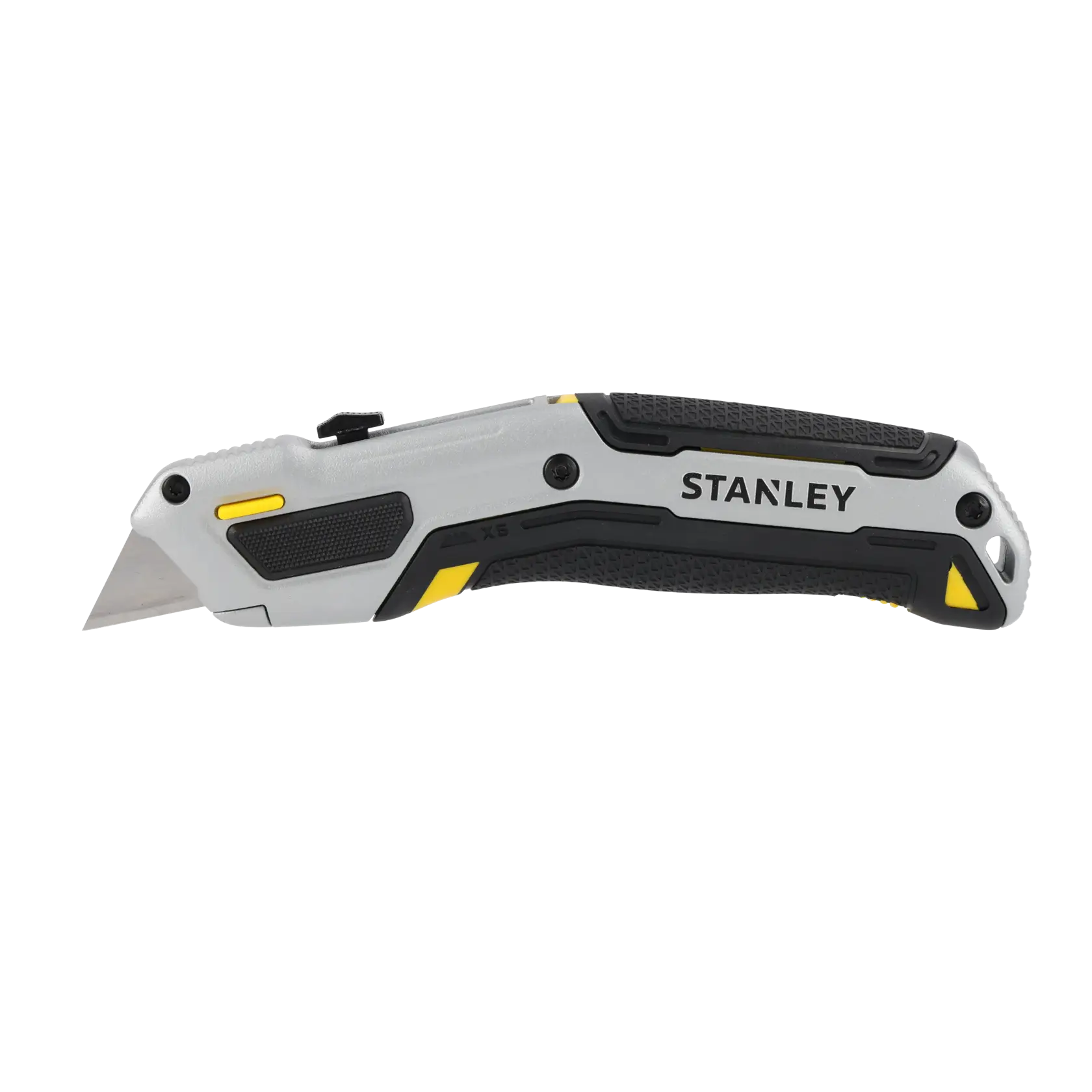 STANLEY Klappmesser mit schwarz-gelbem Griff, Klinge ausgeklappt.