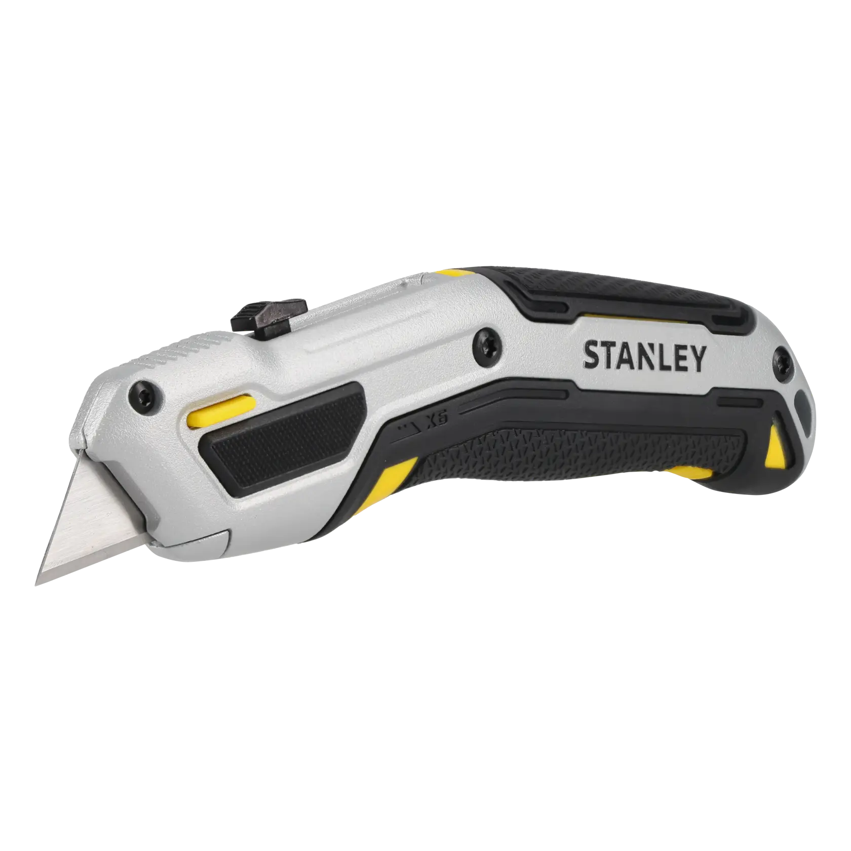 Foto des silber-schwarzen STANLEY FMHT10722-0 Universalmessers mit gelben Akzenten, Seitenansicht, weißer Hintergrund.