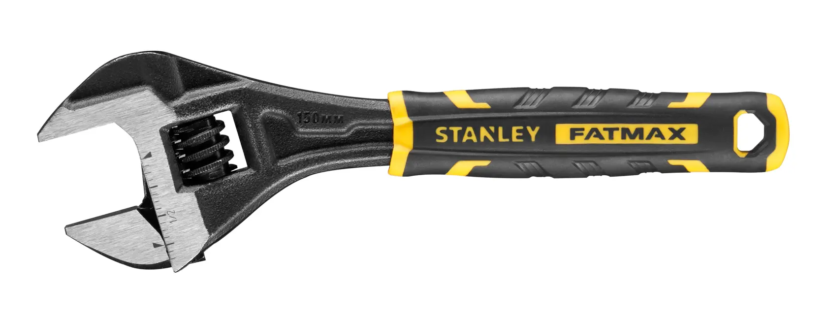 Stanley Fatmax adjustable wrench with black and yellow handle, used for tightening or loosening nuts and bolts.