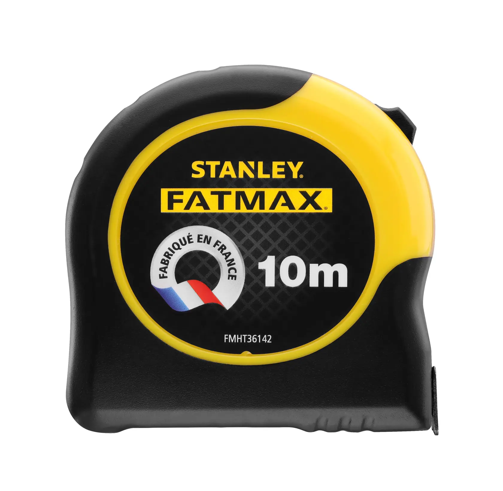 STANLEY FMHT36142-0 Maßband, FATMAX-Branding, 10m Länge, schwarz-gelbes Gehäuse, Frontansicht.