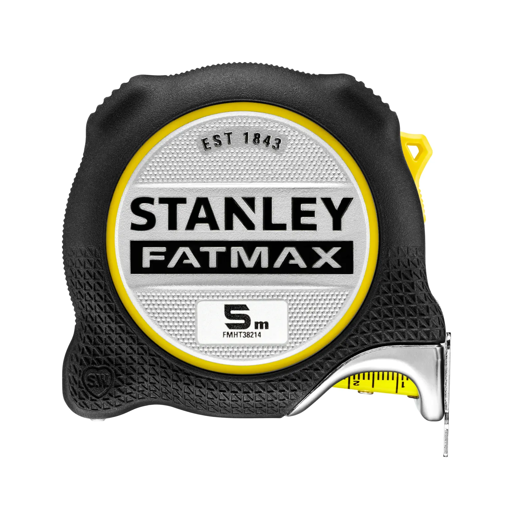 STANLEY FMHT38214-0 Maßband, FATMAX Modell, 5 Meter, Gehäuse in Schwarz und Gelb, Vorderansicht, Fotografie.