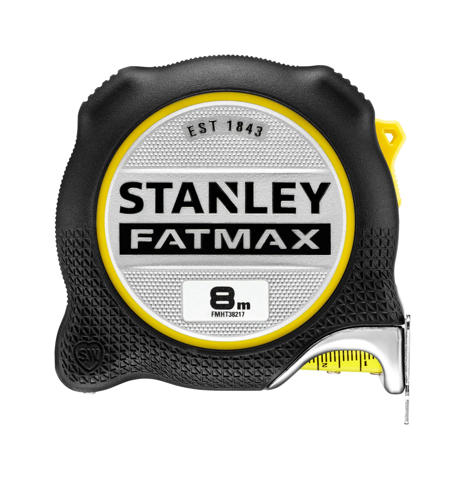 STANLEY FATMAX 8m Maßband FMHT38217-0, schwarz und gelb, Fotografie, Vorderansicht auf weißem Hintergrund.