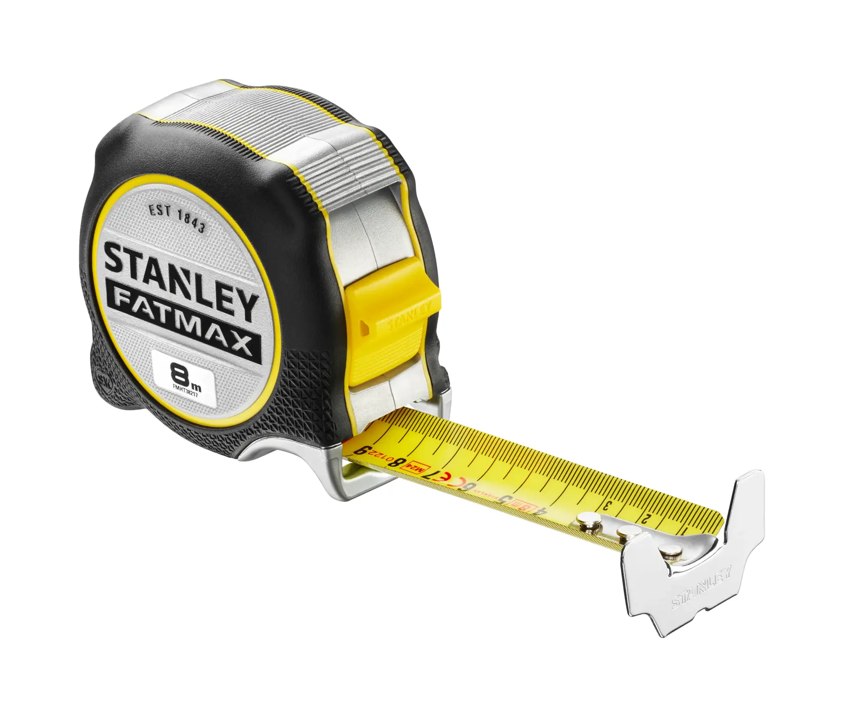 STANLEY FATMAX FMHT38217-0 Bandmaß 8m, schräge Ansicht auf weißem Hintergrund, gelb-schwarzes Gehäuse.