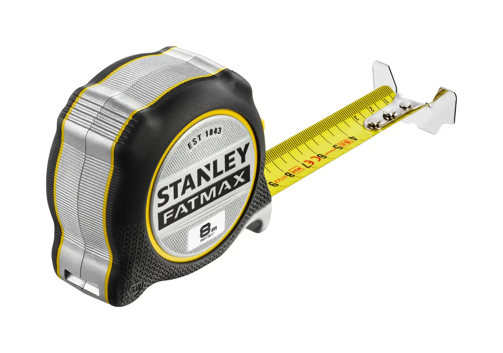 STANLEY FMHT38217-0 Maßband, FATMAX Serie, gelbes Band, Produktfoto aus einem Winkel auf weißem Hintergrund.