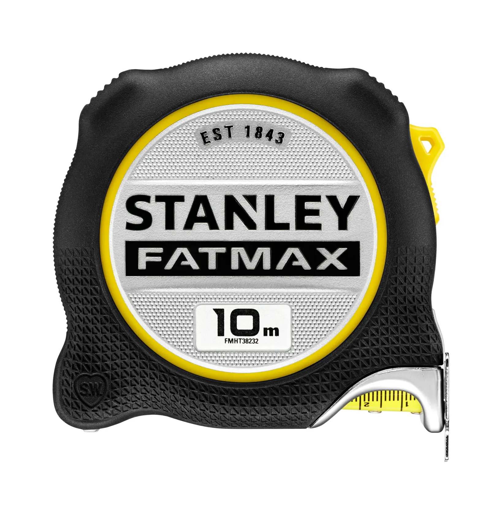 STANLEY FMHT38232-0 Bandmaß, FATMAX Serie, 10 m Länge, schwarz-gelb, Vorderansicht, Fotografie.