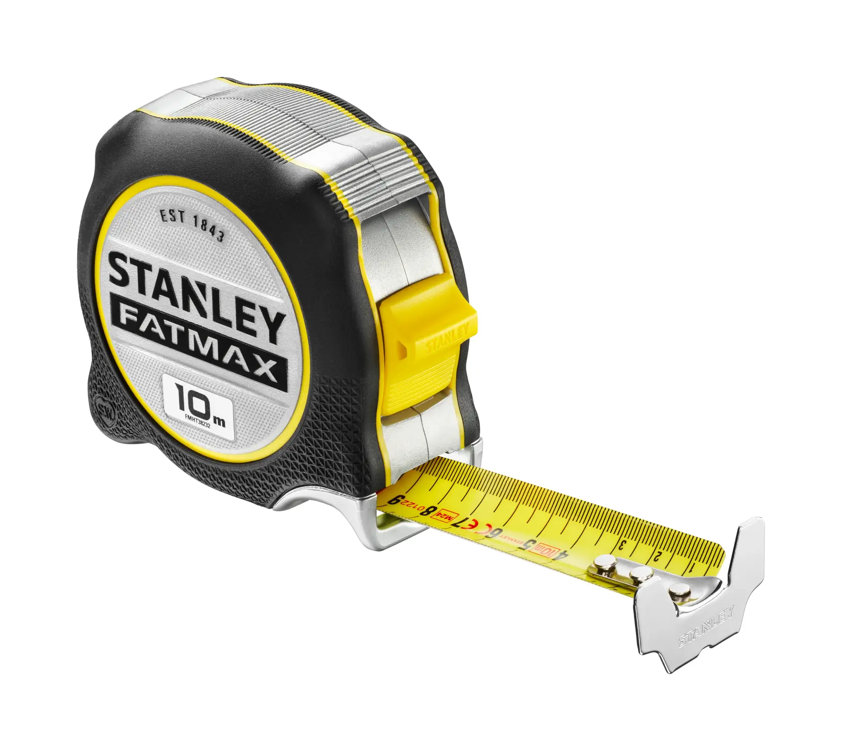 STANLEY FMHT38232-0 FATMAX Maßband, 10m, schwarz und gelb, seitliche Winkelansicht auf weißem Hintergrund.