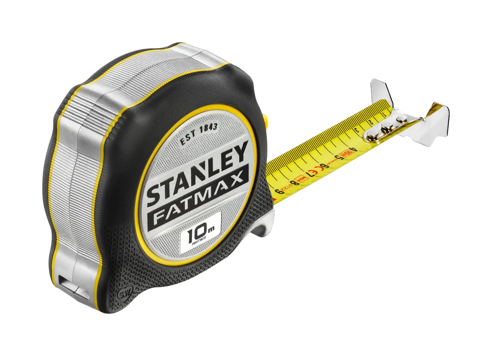 STANLEY FMHT38232-0 Maßband, 10m, gelbes Band, schwarze und silberne Hülle, Seitenansicht.