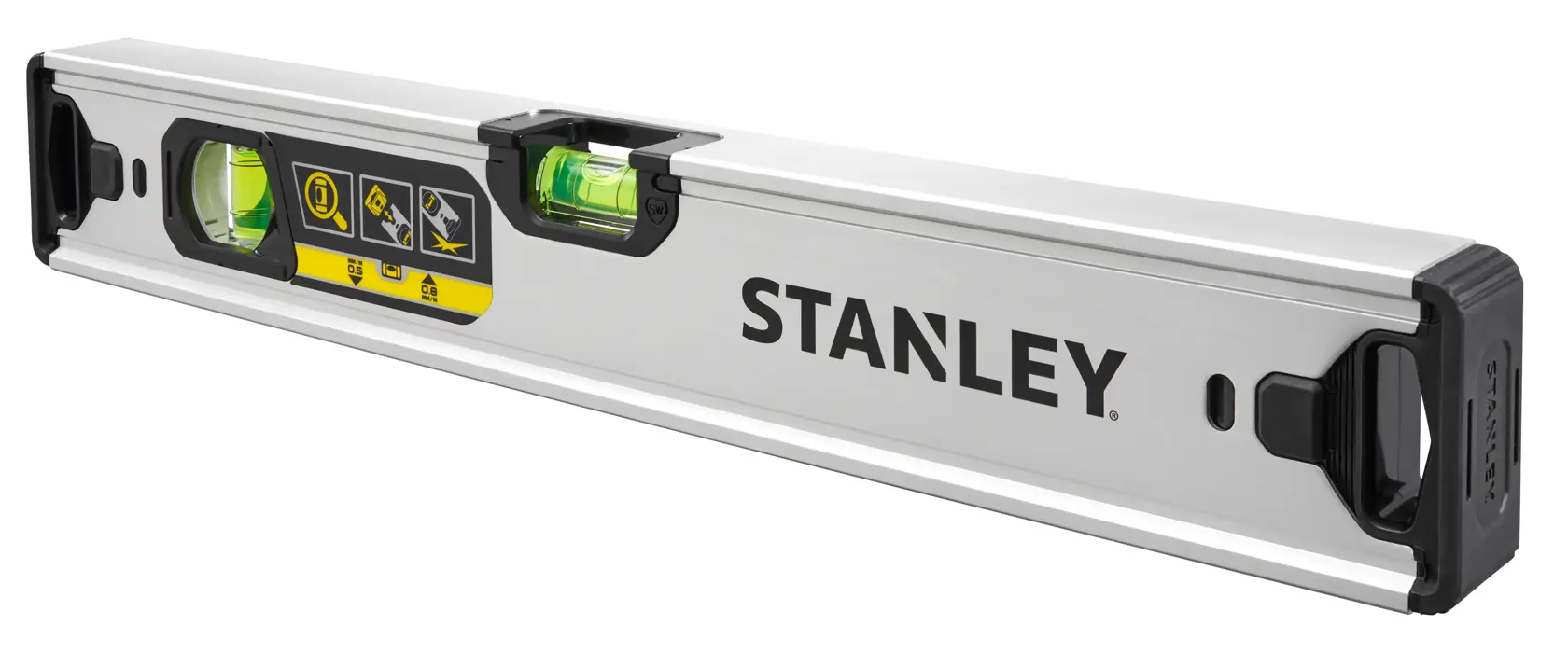STANLEY FMHT43670-1 Wasserwaage, silberfarben mit schwarzen Enden, zwei Libellen, Seitenansicht auf weißem Hintergrund.