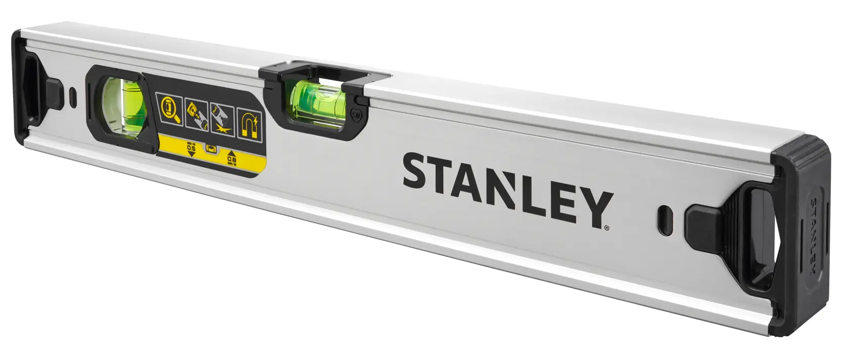 STANLEY FMHT43671-1 Kastenlibelle mit silbernem Gehäuse, schwarzen Endkappen und großer horizontaler Libelle, schräge Ansicht.
