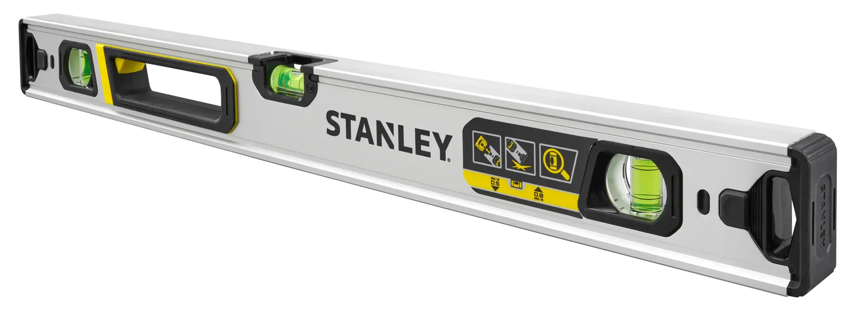 STANLEY FMHT43672 Wasserwaage mit drei Libellen, silber und schwarz, Seitenansicht, Griff und Endkappen sichtbar.