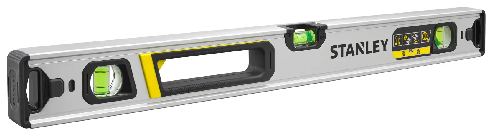 STANLEY FMHT43673-1 Aluminium-Wasserwaage mit drei Libellen, schwarz-gelbem Griff, seitliche Ansicht auf Weiß.