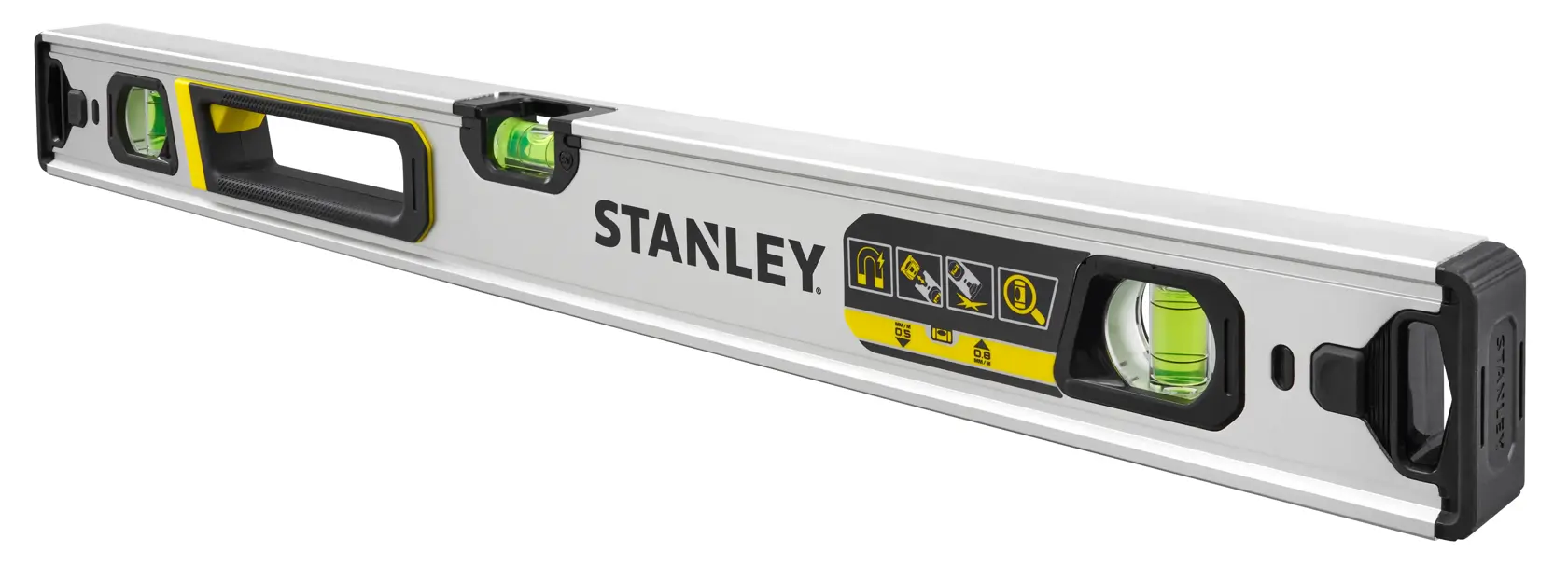 STANLEY FMHT43673-1 Wasserwaage mit drei Libellen, silbernem Gehäuse, schwarzen und gelben Akzenten, schräge Ansicht.