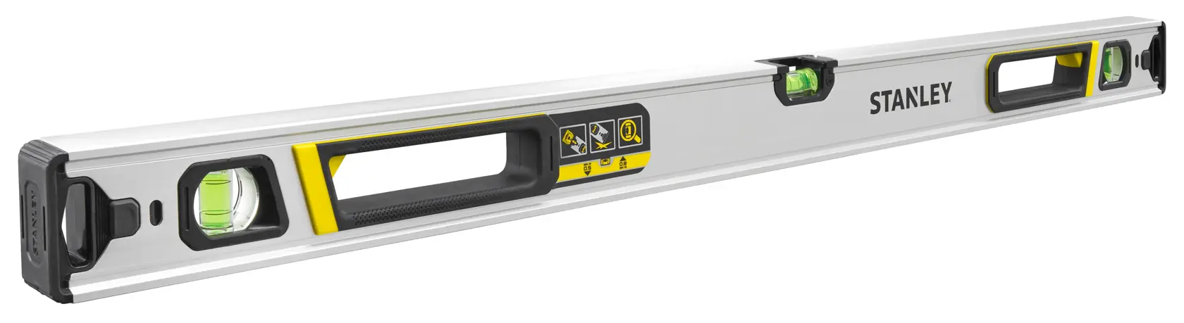 Stanley FMHT43674-1 Aluminium-Wasserwaage, 3 Röhrenlibellen, Vorderansicht, gelbe und schwarze Akzente.