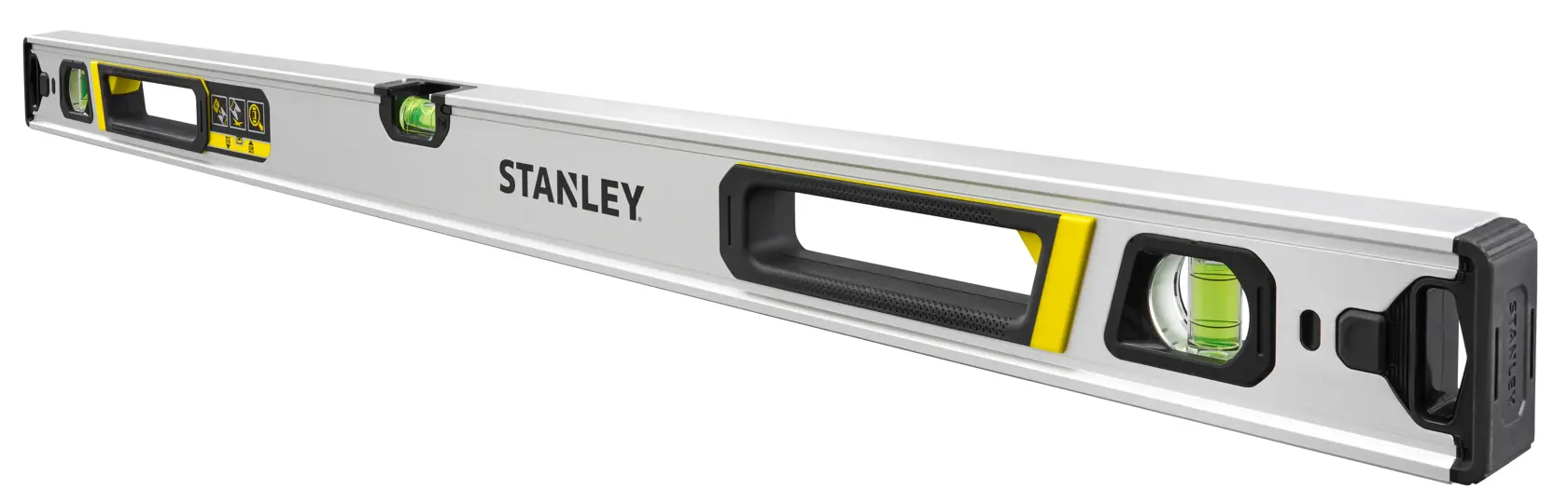 STANLEY FMHT43674-1 Wasserwaage mit Aluminiumkörper, drei Libellen und ergonomischem Griff, schräg auf weißem Hintergrund.