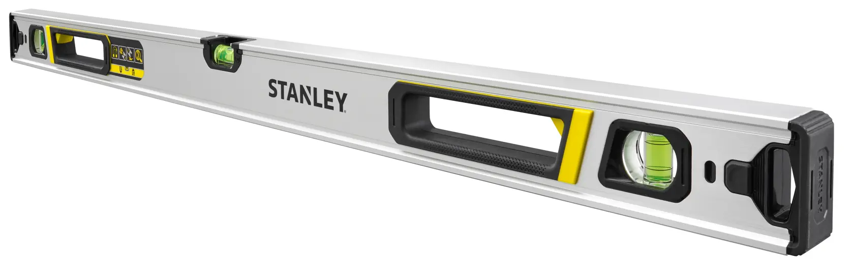 STANLEY FMHT43675-1 Wasserwaage, silber mit schwarzen und gelben Akzenten, schräges Foto vor weißem Hintergrund.