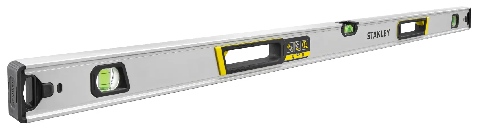 STANLEY FMHT43676-1 Wasserwaage mit Aluminiumkörper, drei Libellen, gelbe Akzente, schräge Ansicht auf weißem Hintergrund.