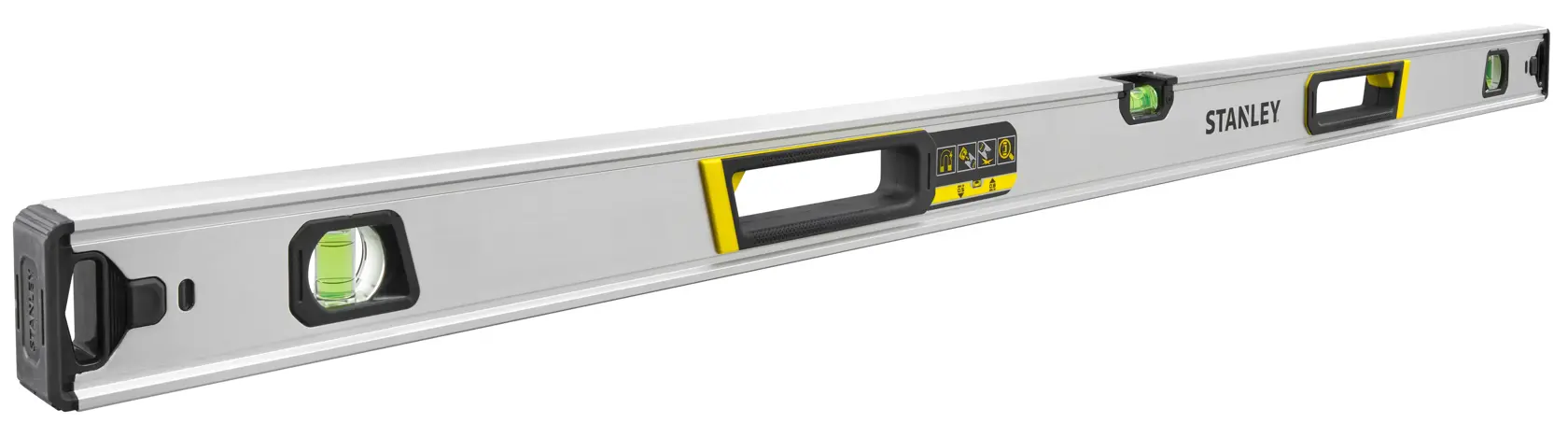 STANLEY FMHT43677 Wasserwaage, Aluminiumgehäuse mit gelben Akzenten, Seitenansicht auf weißem Hintergrund.