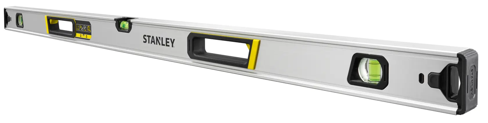 STANLEY FMHT43677 Aluminium-Wasserwaage mit mehreren Libellen, silbernes Gehäuse, links gewinkelt auf weißem Hintergrund.