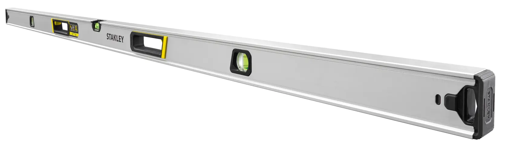 STANLEY FMHT43678-1 Wasserwaage, silberfarben mit gelben Akzenten, schräge Ansicht auf weißem Hintergrund.
