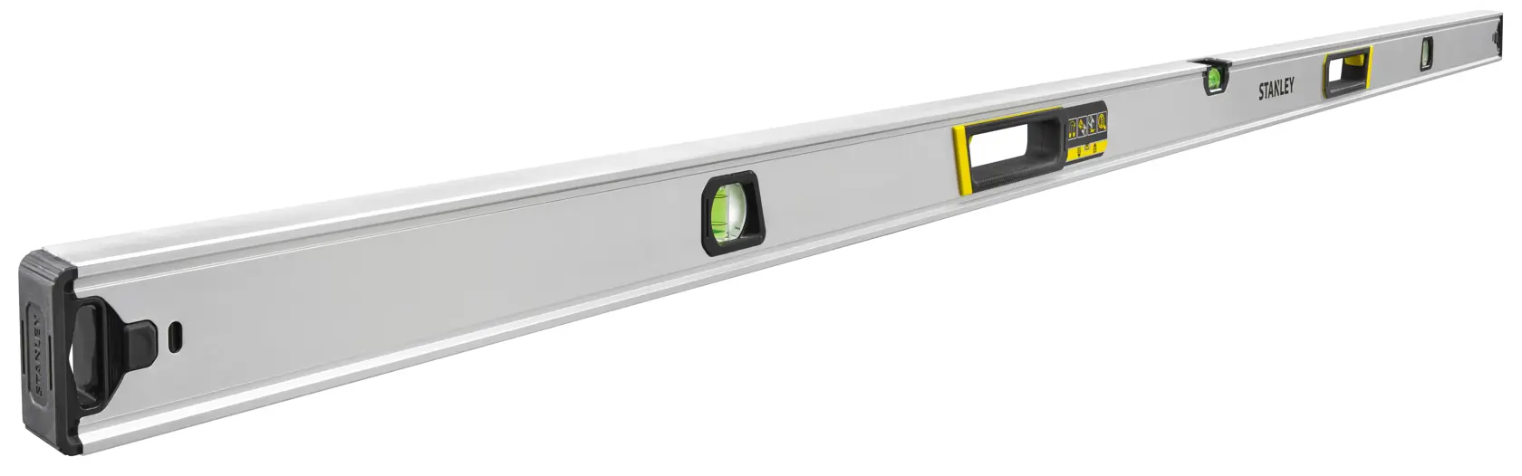 STANLEY FMHT43679-1 Aluminium-Wasserwaage, gerader Winkel, silbernes Gehäuse mit Libellenfenstern, weißer Hintergrund.