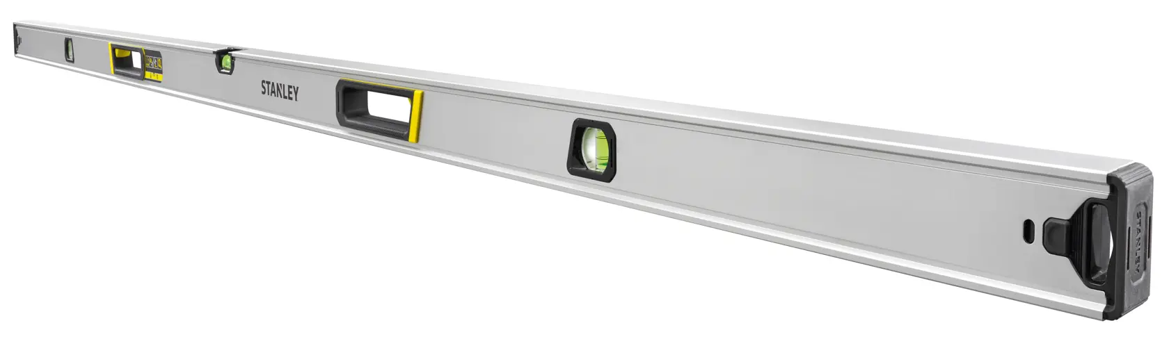 STANLEY FMHT43679-1 Aluminium-Wasserwaage, Vorderansicht auf weißem Hintergrund, mit drei Libellen und schwarzen Endkappen.
