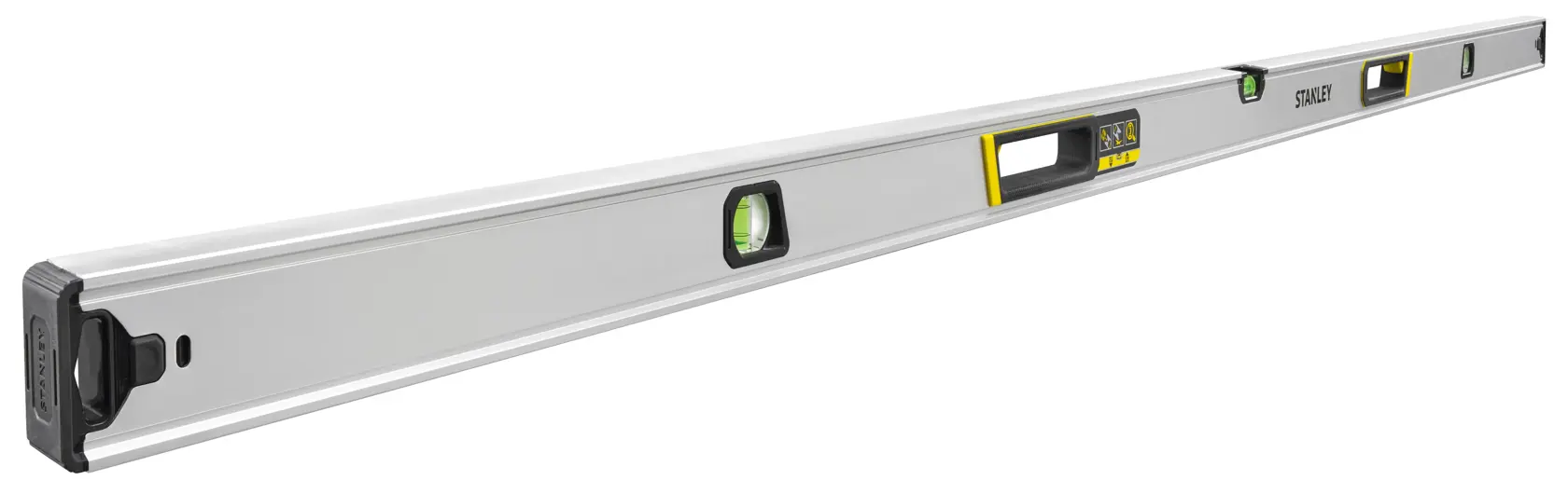 STANLEY FMHT43680-1 Wasserwaage mit Aluminiumgehäuse, drei Libellen und ergonomischen Griffen, Seitenansicht auf weißem Hintergrund.