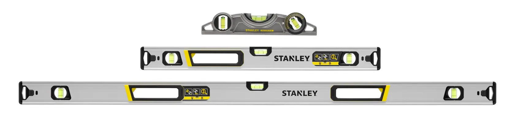 STANLEY FMHT43681-1 Wasserwaagen-Set, drei Aluminium-Wasserwaagen mit gelben Libellen, Vorderansicht auf weißem Hintergrund.
