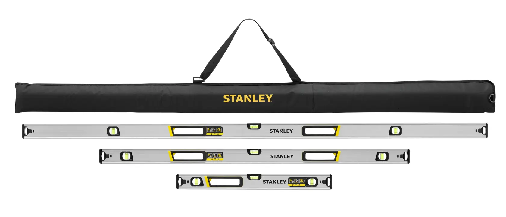 STANLEY FMHT43682-1 Aluminium-Wasserwaagen-Set mit drei Wasserwaagen und schwarzer Tragetasche, Vorderansicht auf weißem Hintergrund.