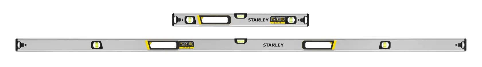 STANLEY FMHT43684-1 Wasserwaagen-Set, silber mit schwarzen und gelben Akzenten, Vorderansicht auf weißem Hintergrund.