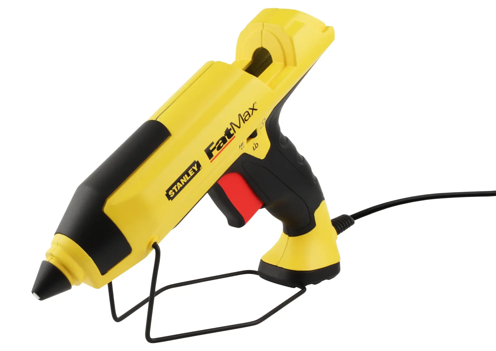 Stanley FMHT6-70418 pistola per colla gialla e nera in mano, adesivo su fili su superficie di legno.