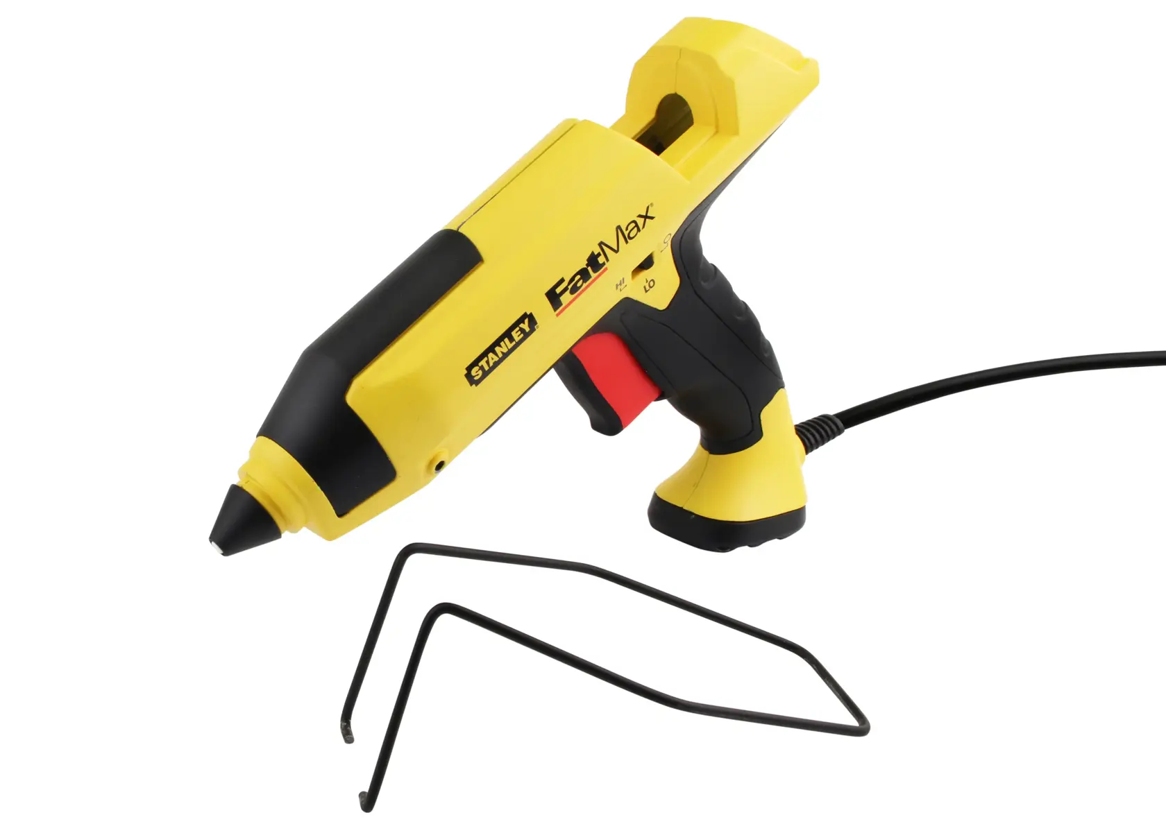 STANLEY FMHT6-70418 pistola per colla gialla usata per applicare adesivo su una cornice bianca su legno.