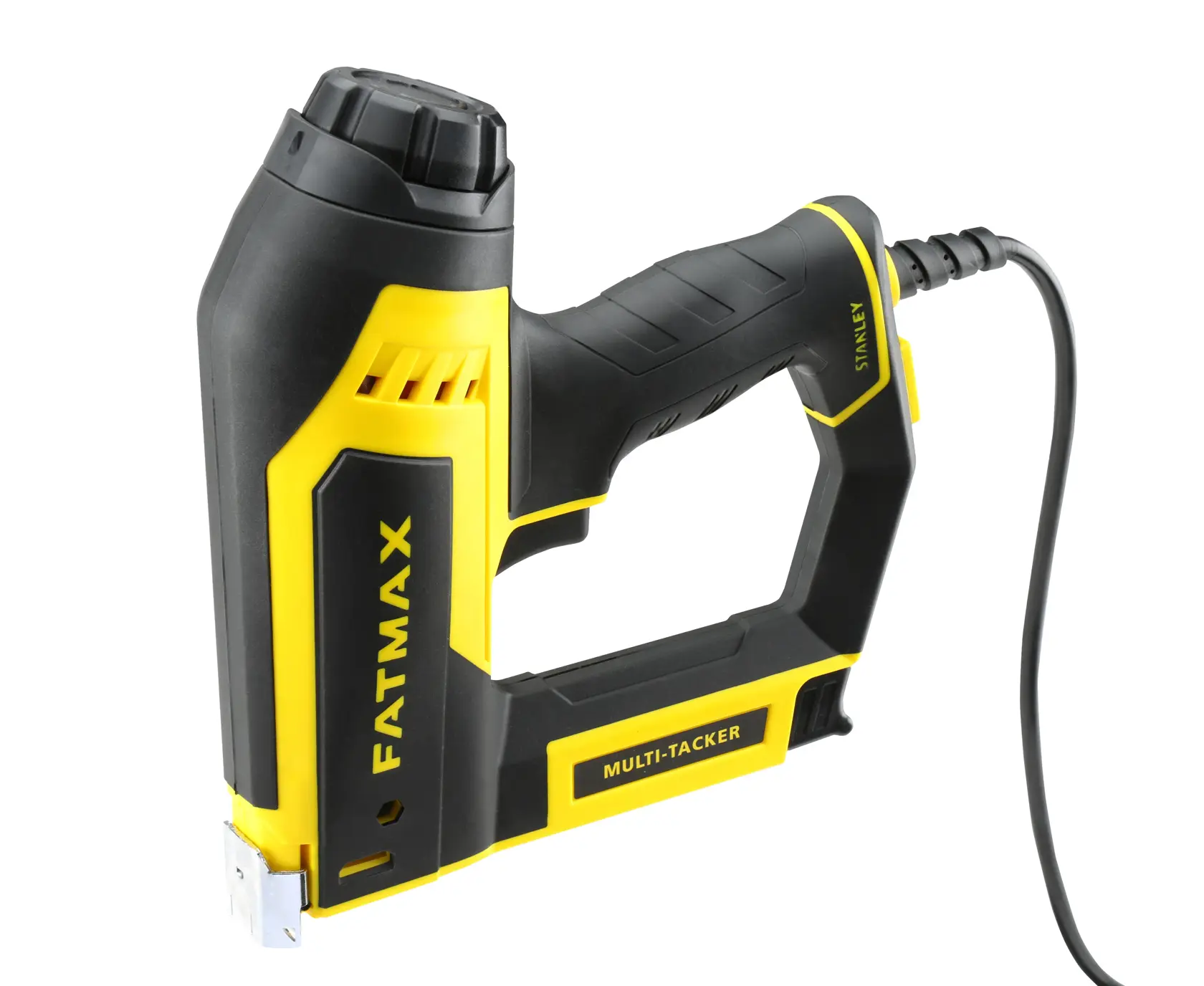 STANLEY FMHT6-75934 Multi-Tacker mit Netzkabel, gelb und schwarz, schräge Ansicht vor weißem Hintergrund.