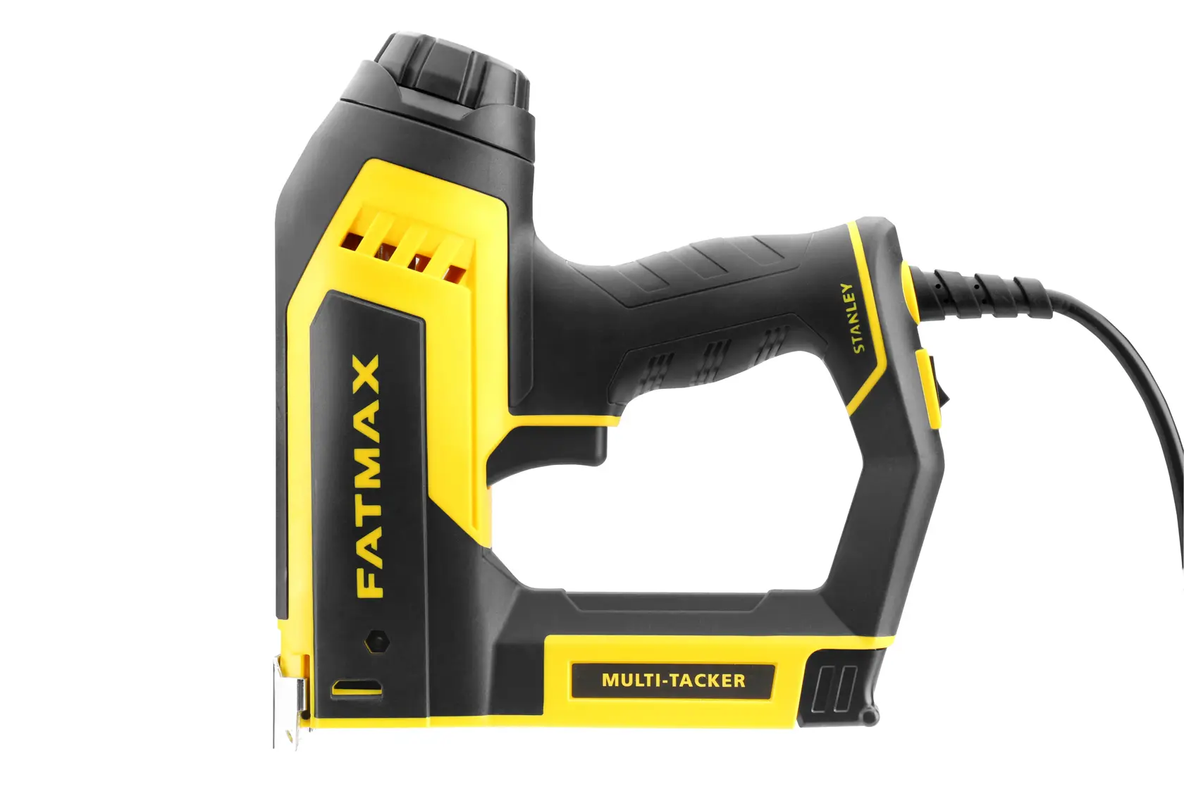 Stanley FatMax Multi-Tacker Elektrotacker in Schwarz-Gelb mit Kabel, seitlich dargestellt.