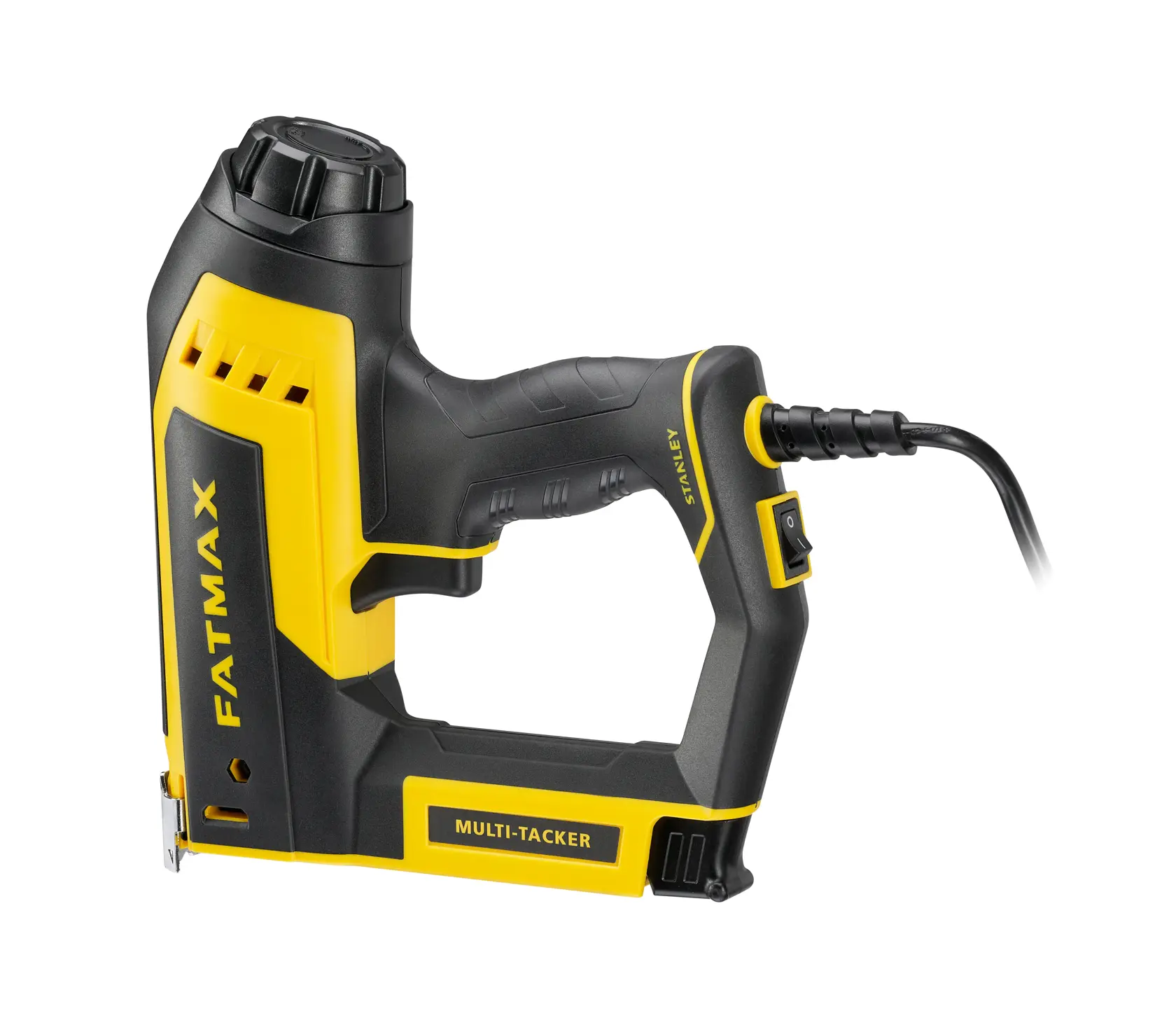 Foto des STANLEY FATMAX FMHT6-75934 Elektro-Multitackers, gelb und schwarz, Seitenansicht auf weißem Hintergrund.