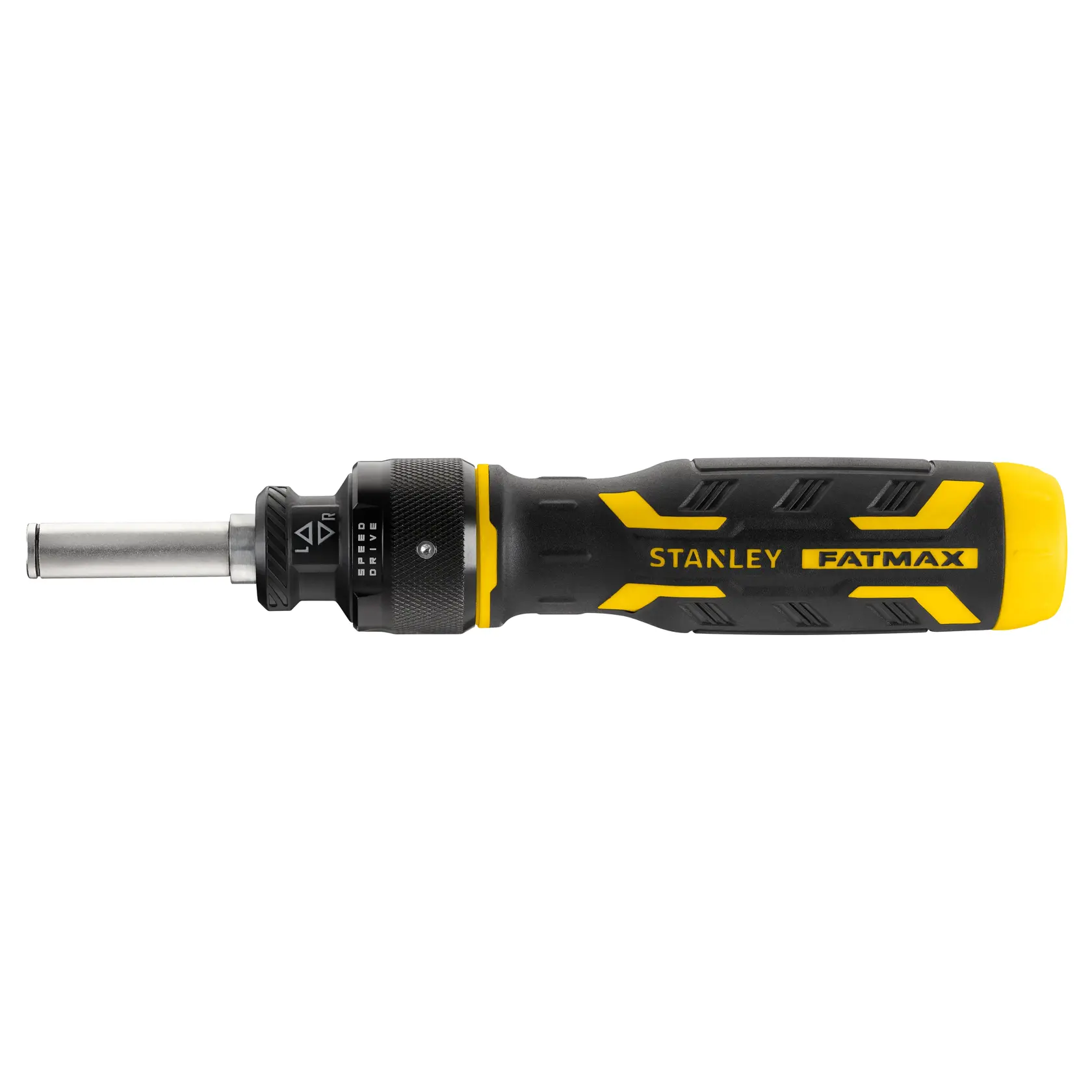 Photo of STANLEY FMHT62692-0 FATMAX ratcheting screwdriver, black and yellow handle, side angle.