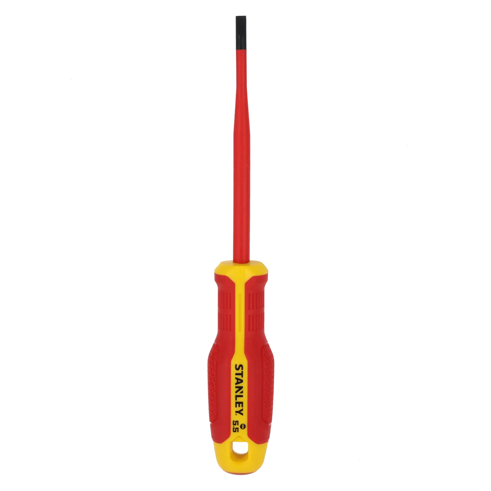 STANLEY FMHT65753-0 isolierter Schlitzschraubendreher, rot-gelber Griff, frontale Ansicht auf weißem Hintergrund.