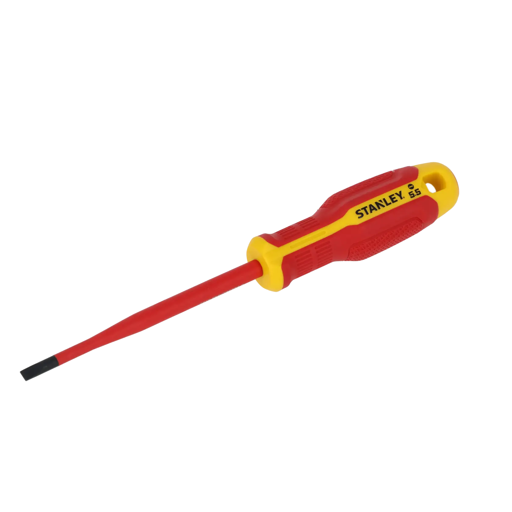 STANLEY FMHT65753-0 isolierter Schlitzschraubendreher, rot-gelber Griff, Seitenansicht auf weißem Hintergrund.