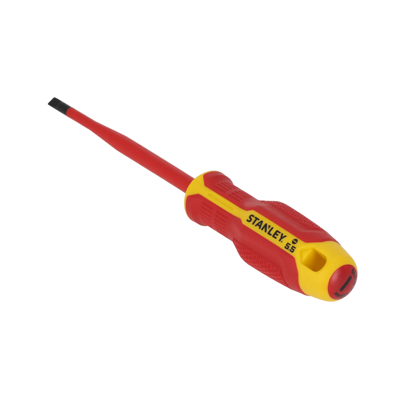 STANLEY FMHT65753-0 isolierter Schlitzschraubendreher mit rot-gelbem Griff, schräg auf weißem Hintergrund.