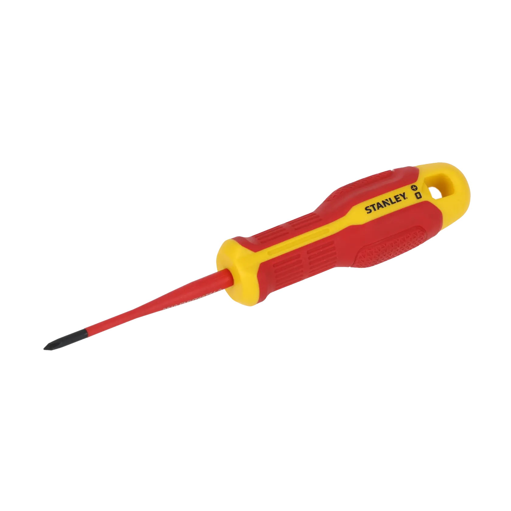 STANLEY FMHT65754-0 isolierter Phillips-Schraubendreher mit rot-gelbem Griff, Seitenansicht, weißer Hintergrund.