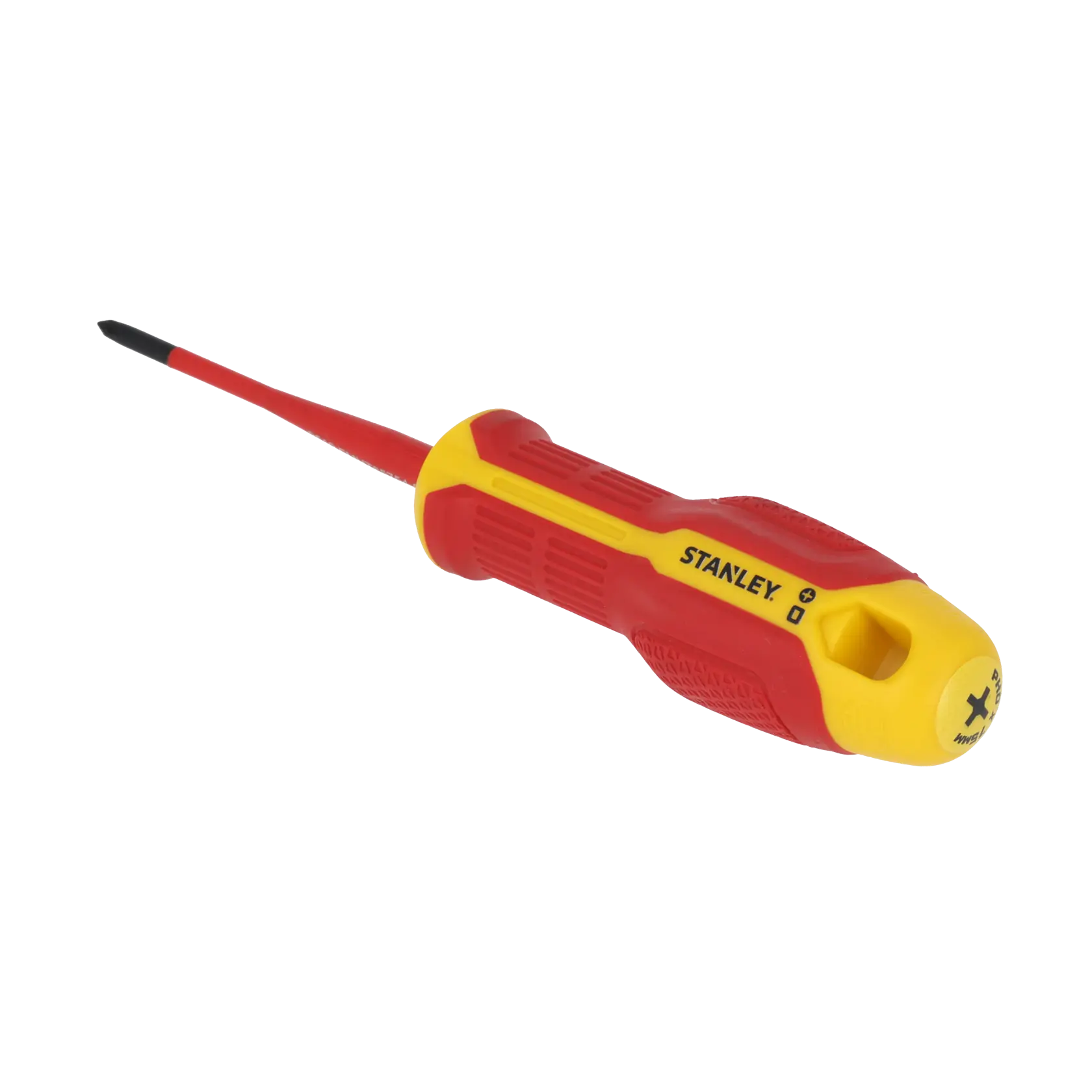 STANLEY FMHT65754-0 isolierter Kreuzschraubendreher, rot-gelber Griff, schräge Ansicht auf weißem Hintergrund.