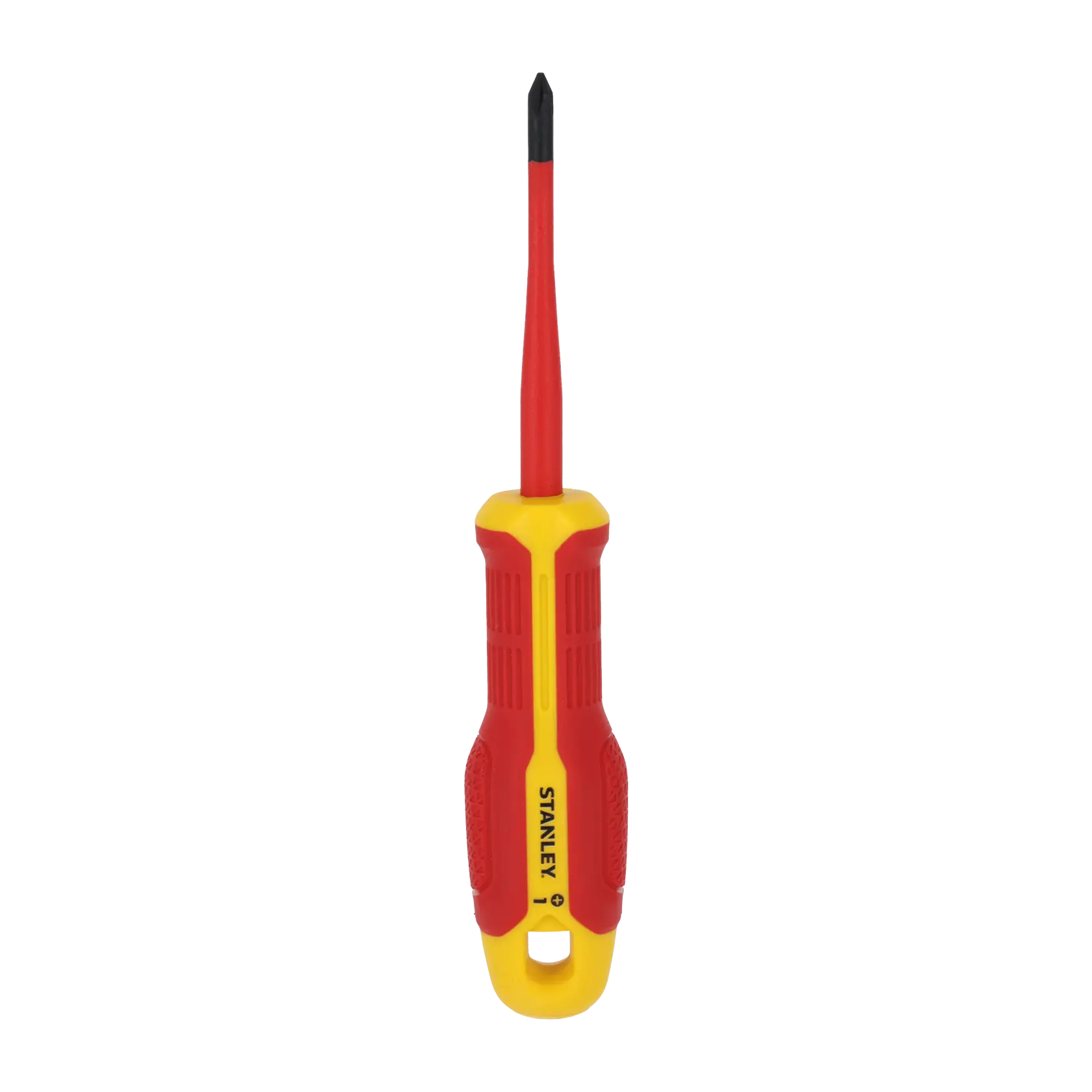 STANLEY FMHT65755-0 isolierter Kreuzschlitzschraubendreher mit rot-gelbem Griff, Vorderansicht, weißer Hintergrund.