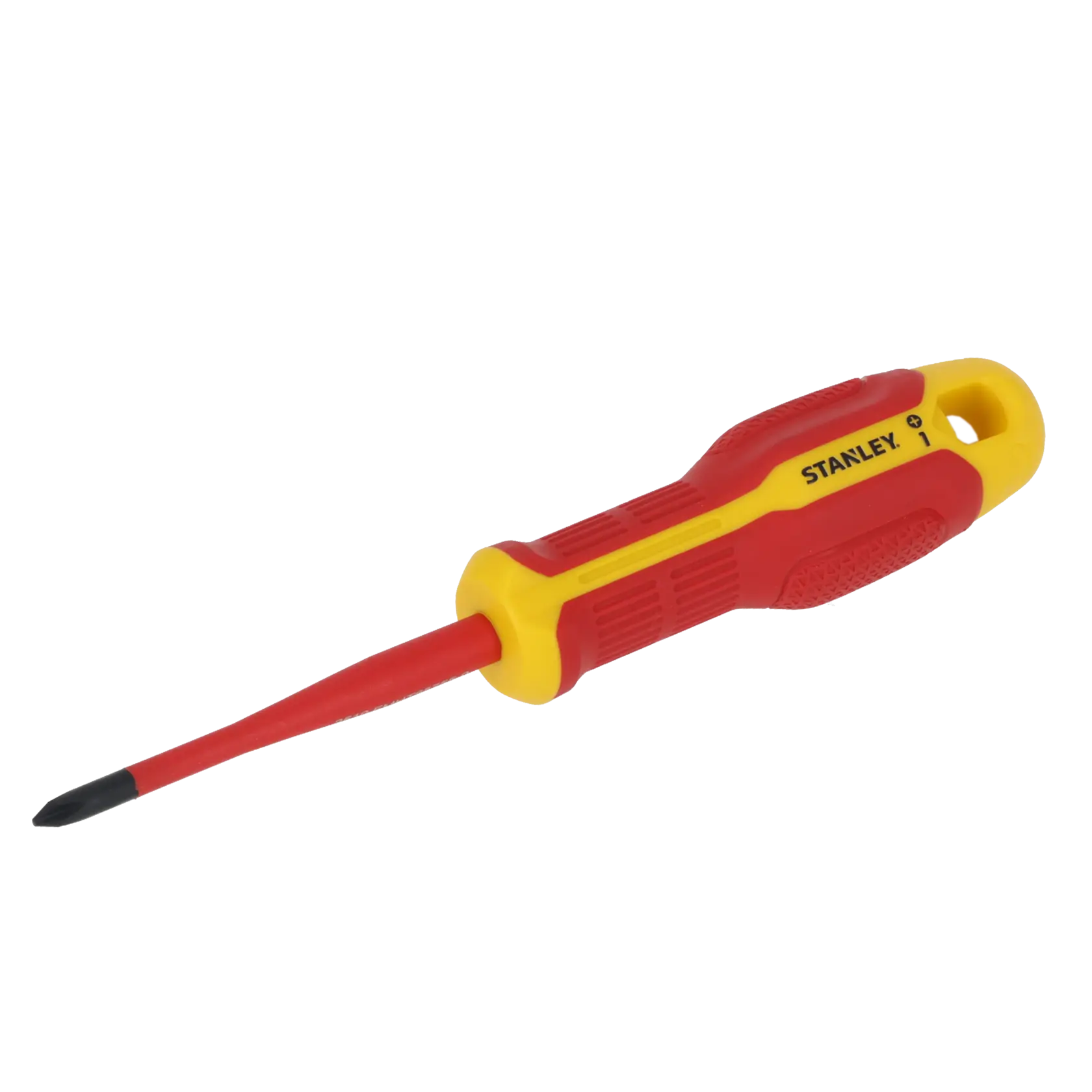 STANLEY FMHT65755-0 isolierter Phillips-Schraubendreher mit rot-gelbem Griff, Seitenansicht.
