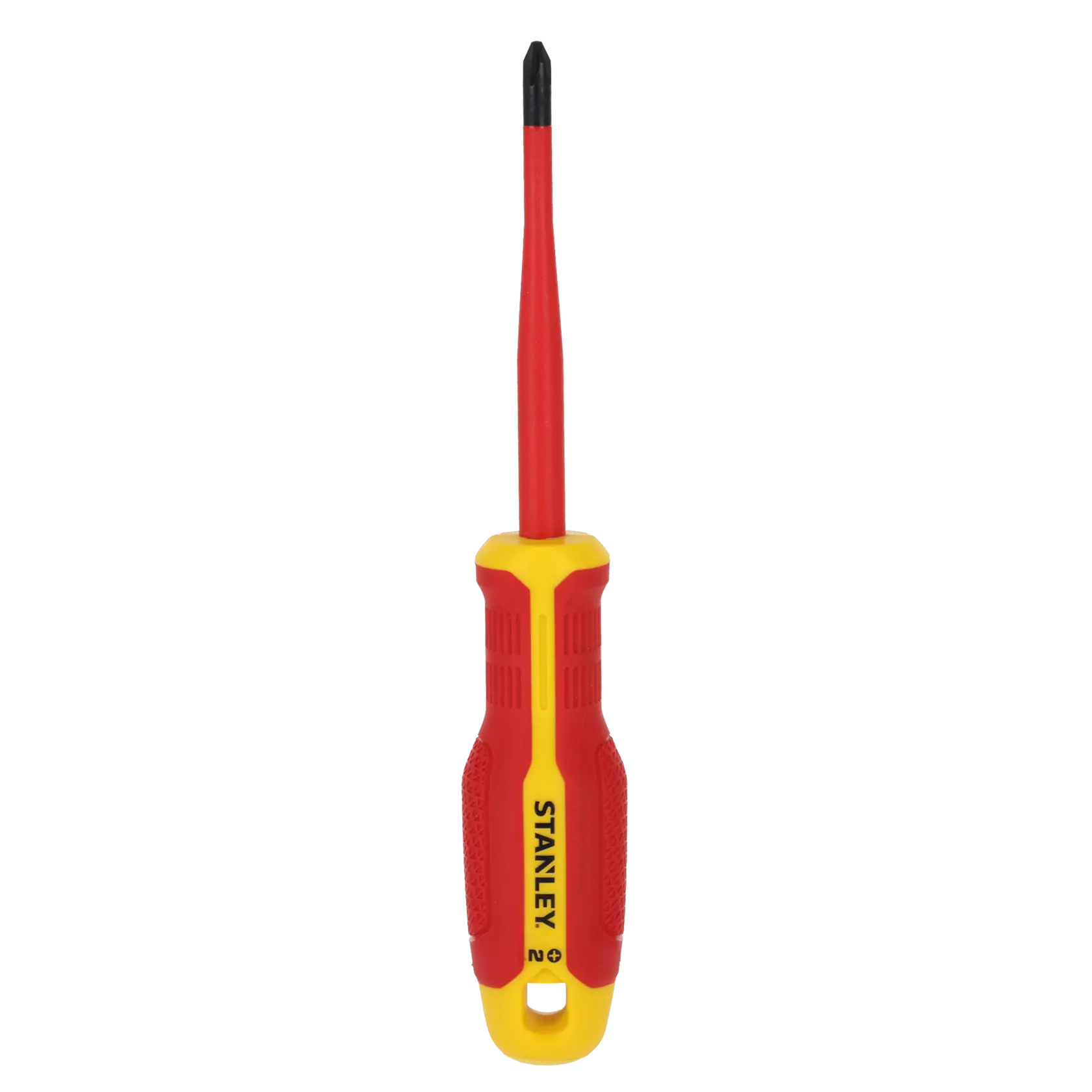 STANLEY FMHT65756-0 isolierter Kreuzschlitzschraubendreher, Griff rot und gelb, Vorderansicht, weißer Hintergrund.